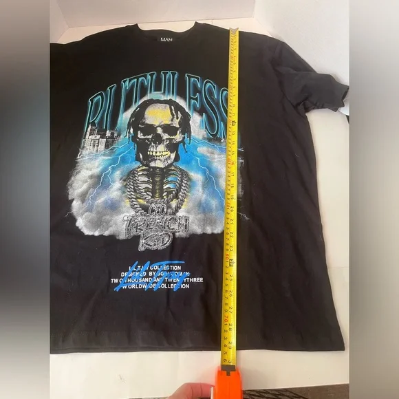 boohooMan x LilTjay 'Trench kid' Men's 'Ruthless' skull black shirt NWT Size L - Picture 7 of 10